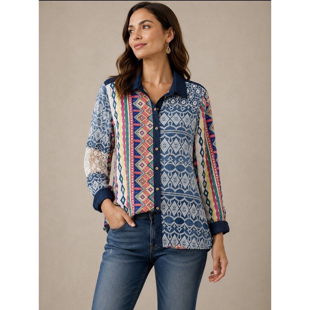 John Mark Shirt blouse button down embroidered lace chambray trim women's XL